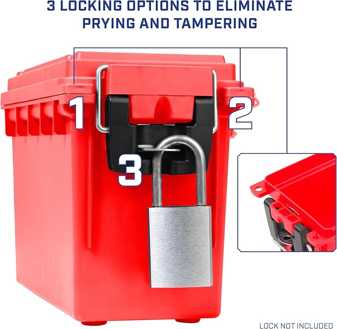 Sheffield 12636 Ammo Storage Box, Stackable .30 Cal Field Boxes, Water and Dust Resistant, Lockable Storage Box with Handle, Secures Hunting Gear, Supplies, and Bullets, Made in USA, Red, 1-Pack