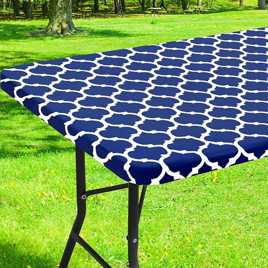 Smiry Rectangle Picnic Table Cover, Waterproof Elastic Fitted Camping Tablecloths for 5 Foot Tables, Wipeable Flannel Backed Vinyl Tablecloth Protector for Indoor, Outdoor (Navy, 30x60 Inches)