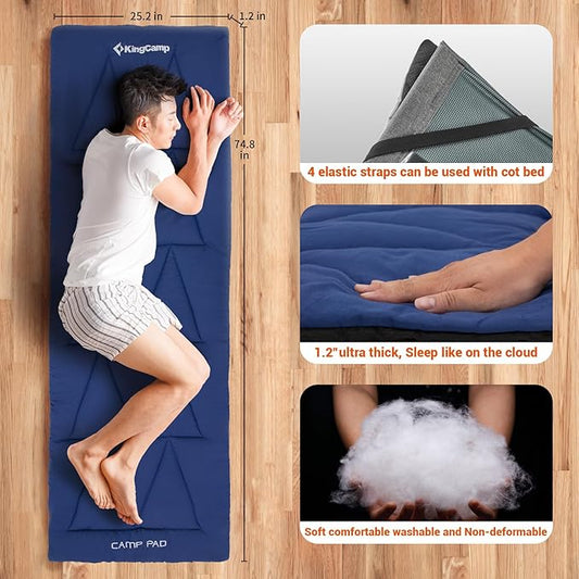 KingCamp Cot Pad Topper for Camping, Soft Warm Non-Slip Cot Mattress, Comfortable Lightweight Sleeping Mat for Outdoor & Indoor, Picnic, Hiking, Backpacking, Yoga