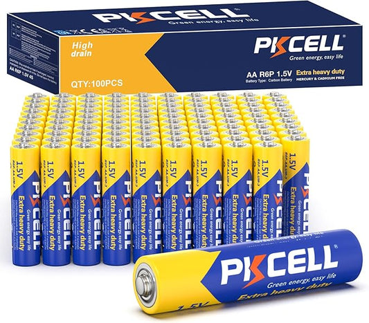 PKCELL AA Batteries 100 Pack, Double A Batteries, 1.5V High-Performance Carbon Battery for LED Candles Clock Remote Controls Flashlights