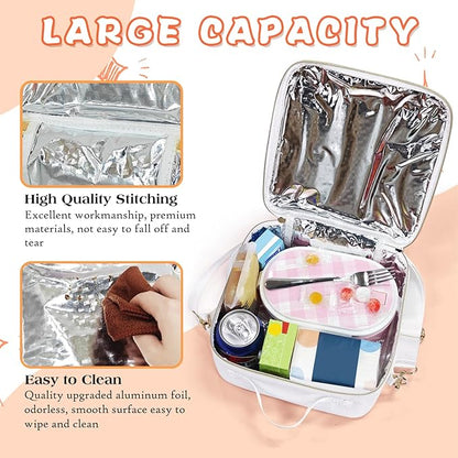 Insulated Lunch Bag Women Lunch Box Kids for Teen Girls Boys, Cute Preppy Lunch Boxes With Adjustable Shoulder Strap, Waterproof Nylon Lunchbox Lunch Bags for School Work Picnic (White)
