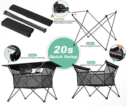 Lightweight Portable Fabric Camping Table with Cup Holders - Fold Up Beach Side Table with Large Storage Basket, Collapsible & Compact for Fishing Outdoor Picnic, 29.2" W x 21.7" D (Black)