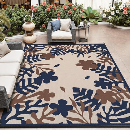 MontVoo Outdoor Rug Waterproof 5x8 ft RV Outdoor Rug for Camping Picnic Mat Outdoor Patio Rug Carpet Plastic Straw Reversible Floral Navy Orange