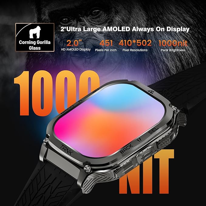 AMAZTIM Smart Watch, 60 Days Extra-Long Battery, 5ATM Waterproof Swimming Diving, Full Metal Military Grade, Answer/Make Call, 2" AMOLED Display, Health Monitor Compatible for iPhone and Android