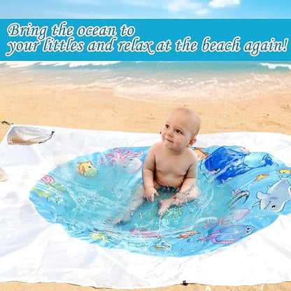 Portable Square Baby Beach Pool, 6.5 X 6.5 Feet Marine Cartoon Animals Toddler Puddle Pool Blue 2 in 1 Childs Beach Blanket and Kiddie Pools Flexible Kids Beach Pools with Carrying Bag for Boys Girls