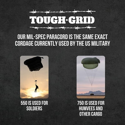 TOUGH-GRID Premium Black Paracord 550 lbs Made in USA Outdoor Survival Nylon Rope Tactical Heavy Duty Strands Parachute Cord Used by US Military Type III Mil-Spec