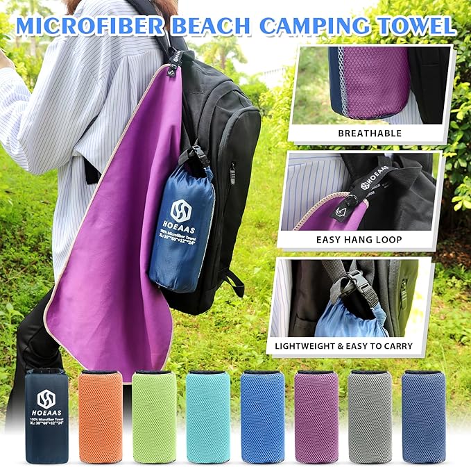 HOEAAS 2 Pack Microfiber Camping Towels, Quick Dry Towel, Super Absorbent Ultra Compact Travel Towel Soft Lightweight Sports Towel for Sweat Fast Drying Towels for Pool,Gym,Hiking,Backpacking,Fitness