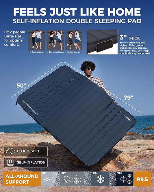 KingCamp Self Inflating Sleeping Pad for Camping Ultra Thick Double Single Foam Mattress High R Value Camping Air Pad Mat, Multi Colors & Sizes