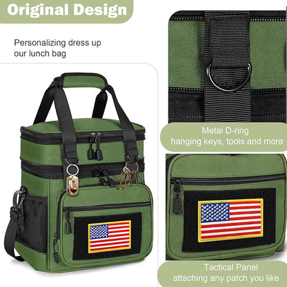 GLENKEY Double Deck Insulated Lunch Box, Expandable Xlarge Lunch Bag Leakproof Cooler Bag Lunch Pail for Men Women Adults Work Shifts Travel Daytrip,22L,Army Green