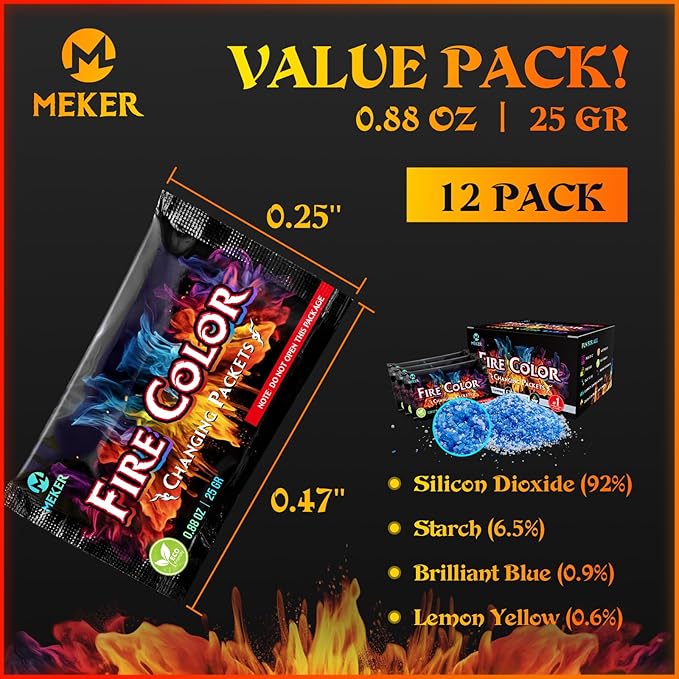 MEKER Fire Color Changing Packets - Fire Pit, Campfires, Outdoor Fireplaces, Bonfire - Fire Color - Perfect Fire Camping Accessories for Kids & Adults (12 Pack)