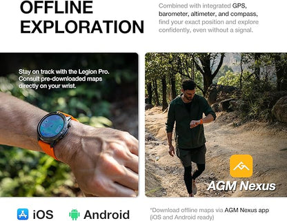 AGM Legion Pro Smart Watch with Offline Maps, Bluetooth Calling, AMOLED Gorilla Glass Display, Advanced Health Tracking, Gyroscope, DIY Dial, 5 ATM & IP69 Multisport GPS Fitness Watch, 2 Stylish Bands
