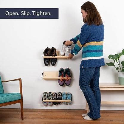 Wall Mounted Shoe Rack - A Wooden, Modern, Slim, and Small Shoe Storage Solution for Shoes and Boots in Narrow Spaces, entryways, or hallways. (20-in-Wide, Pack of 2)