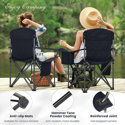 HIGH POINT SPORTS Oversized Camping Folding Chair, Heavy Duty Portable Outdoor Chair, Foldable Camp Chair with Cup Holder and Cooler Bag Support 450 LBS, 2 Pack, Green