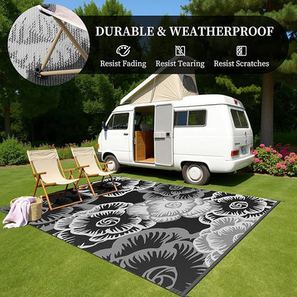 MontVoo Outdoor Rug-Waterproof Camping Rug Patio Rug Mat 6x9 ft Reversible Plastic Straw Outside Outdoor Rug for RV Camping Picnic Beach Balcony Backyard Pool Deck Porch Farmhouse Floral Black