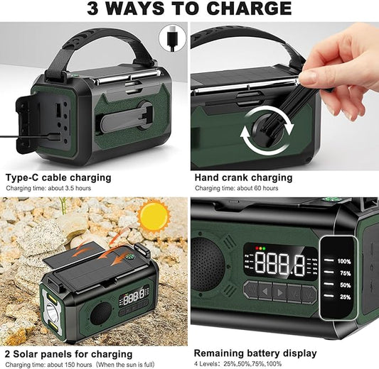 44400mWh/12000mAh Emergency Radio, Hand Crank Portable Solar Radio AM/FM/NOAA Weather Radio with 2 Solar Panels,3 Charging Methods,SOS Alarm,Flashlight,Phone Charger,Compass,Reading Lamp