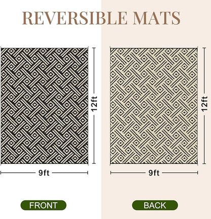 OPPODREAM Outdoor Rug 9x12 Patio Waterproof, Large Outdoor Plastic Straw Rug, Reversible Out Door Carpet Camping Essentials, Deck, Rv, 9 x 12 Area Carpet for Balcony, Porch, Backyard, Black & Beige