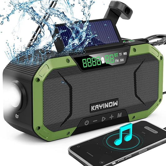 Hand Crank Solar Power Emergency Radio with Waterproof Bluetooth Speaker,Portable AM FM NOAA Weather Radio,5000mAh Rechargeable Battery Operated,Phone Charger,Flashlight,SOS,Survival Storm Camping