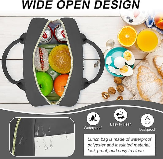 LOKASS Lunch Bag for Women-Insulated Adults Lunch Box with Front Pocket- Small Cute Lunch Tote for Work-Reusable Cooler Bag for Office Picnic Beach or Travel (Dark Grey)