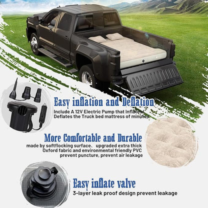 Umbrauto Air Mattress for 5.5-5.8ft Full Size Short Truck Bed, Flocking Surface Inflatable Airbed for Pickup Tent Camping, Sleeping Pad with Pump, Carry Bag