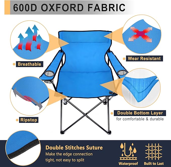 Joyfair Portable Camping Chair, Outdoor Lawn Folding Chairs for Adults, Heavy Duty Large Foldable Chairs for Beach, Fishing, Tailgating Outdoor Sport, 2 Cup Holders & Carry Bag