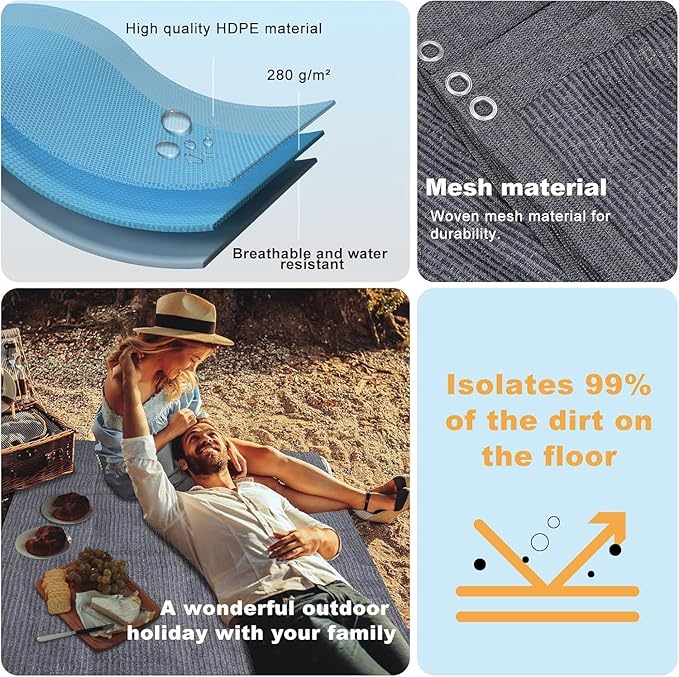 FoundGo Awning Carpet HDPE Camping Outdoor Rug with Eyelets,Nails,Broom,for RV,Patio,Backyard,Picnic,Beach,Trailer 9'*12' (2.74 * 3.66m) -Blue Grey