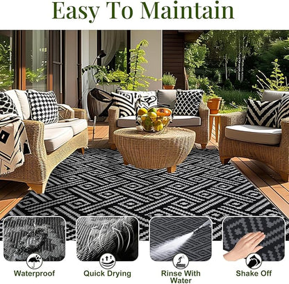 OPPODREAM Outdoor Rug 8x10 Patio Waterproof, Large Outdoor Plastic Straw Rug, Reversible Out Door Carpet for Camping, Deck, Rv, 8 x 10 Area Carpet for Balcony, Porch, Backyard, Black and Grey