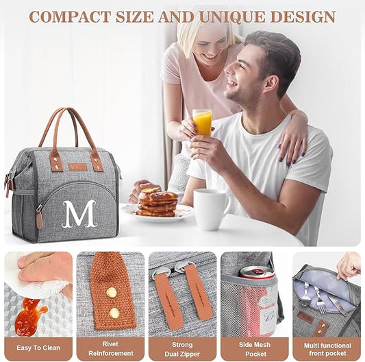 Initial Lunch Bag Women Insulated Lunch Box Wide-Open Lunch Tote Bag Large Drinks Holder Durable Nylon Thermal Snacks Organizer for Work, Travel, Picnic Personalized Gifts for Women/Teacher