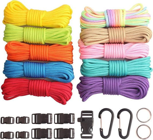 Paracord,Paracord 550 Combo Crafting Kits with 5 Types Buckles,20 Feet Each Paracord Rope (Light Rainbow Set 200feet) (E-Set)