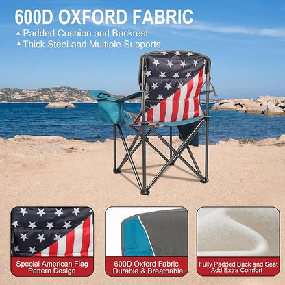 Colorsoul Oversized Folding Camping Chair, Outdoor Padded Camping Chair Support 300 LBS with Cup Holder and Cooler Bag, Portable Lawn Chair for Beach Picnic Sports, (Blue)