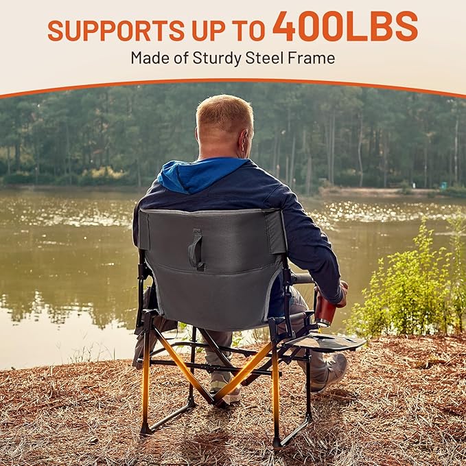 TIMBER RIDGE Heavy Duty Aluminium Heated Camping Chair with Compact Size, Portable Directors Chair Supports 400lbs with Side Table and Pocket for Camping, Lawn, Sports 2 Set(Power Bank not Included)