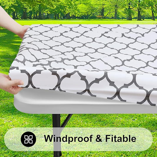 Smiry Rectangle Picnic Table Cover, Waterproof Elastic Fitted Camping Tablecloths for 6 Foot Tables, Wipeable Flannel Backed Vinyl Tablecloth Protector for Indoor, Outdoor (White, 30x72 Inches)