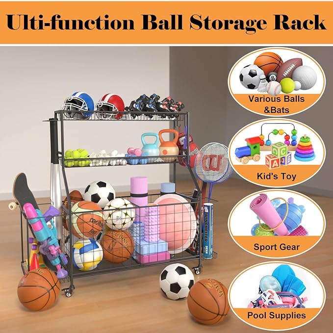 Sport Equipment Organizer, Garage Ball Storage Racks - Outdoor Toy Storage with 2 Side Racks & Removable Baskets, Heavy-Duty Garage Rolling Ball Cart with Wheels, Hooks for Sports Gear, Toys