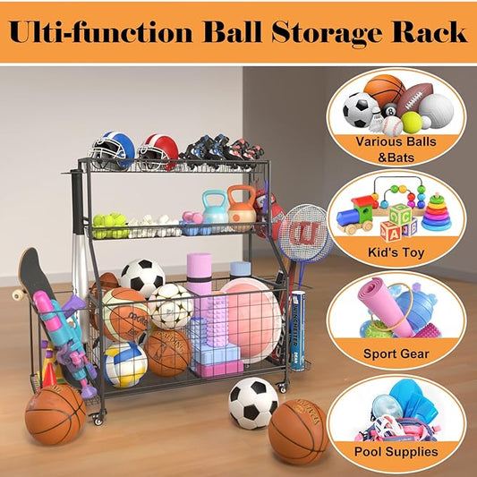 Sport Equipment Organizer, Garage Ball Storage Racks - Outdoor Toy Storage with 2 Side Racks & Removable Baskets, Heavy-Duty Garage Rolling Ball Cart with Wheels, Hooks for Sports Gear, Toys