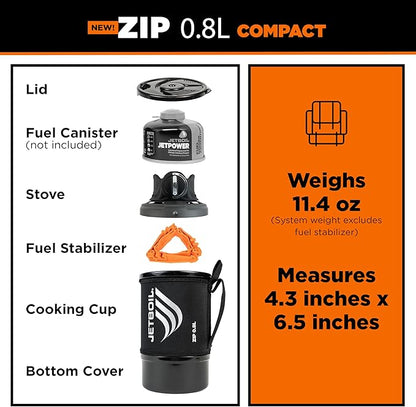 Jetboil Zip 0.8L Portable Fast Boil Stove with Easy-Turn Knob Igniter for Backpacking and Camping, New for 2025, Propane/Isobutane Burner with Cooking Cup