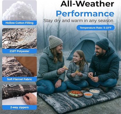SereneLife Double Sleeping Bag with Pillows, Waterproof & Detachable for 2 Single Bags, Lightweight & Warm, Perfect for Camping, Hiking, Backpacking, and Cold Weather, Suitable for Temperatures 5-10°F