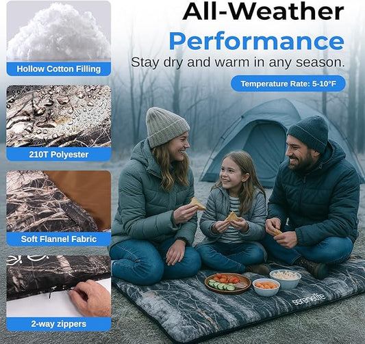 SereneLife Double Sleeping Bag with Pillows, Waterproof & Detachable for 2 Single Bags, Lightweight & Warm, Perfect for Camping, Hiking, Backpacking, and Cold Weather, Suitable for Temperatures 5-10°F