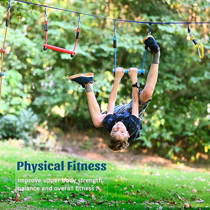 Ninja Warrior Obstacle Course for Kids, 2×56ft Slackline Kit with 8 Ninja Accessories - Monkey Bar, Rope Ladder, Gymnastic Ring, Arm Trainer and Monkey Fist