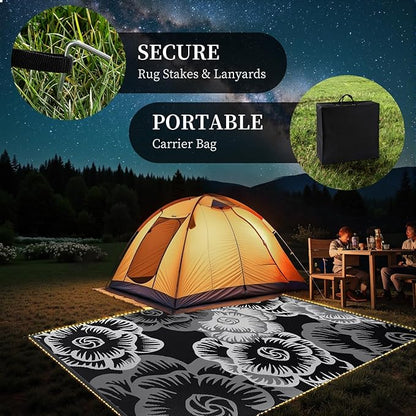 MontVoo Outdoor Rug with Led String Strip Lights 8x10ft Waterproof Outdoor Patio Rug Mat Reversible Plastic Straw Rug Outside Outdoor Rug for RV Camping Picnic Balcony Backyard Fairy Outdoor Decor