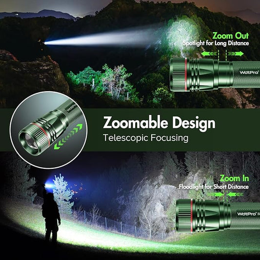WdtPro Rechargeable Flashlights High Lumens, 1 Pack Super Bright LED Small Tactical EDC Flashlight with 10H Runtime, Portable Flash light for Camping, Home, Emergency Essentials Green Battery Included