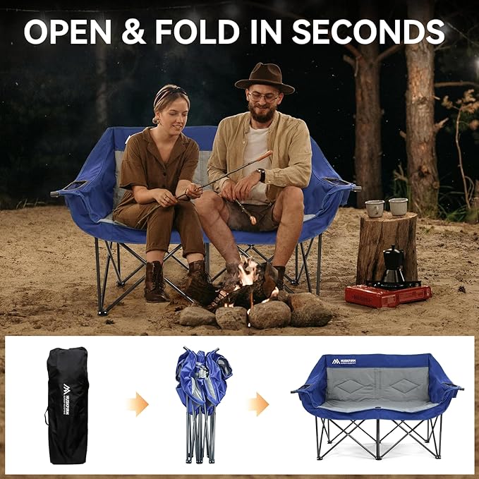 Double Camping Chairs Oversized Loveseat - 2 Person Camping Chair Portable Lawn Folding Chair for Outside Adults - Heavy Duty Outdoor Camping Couch with Cup Hold, Blue