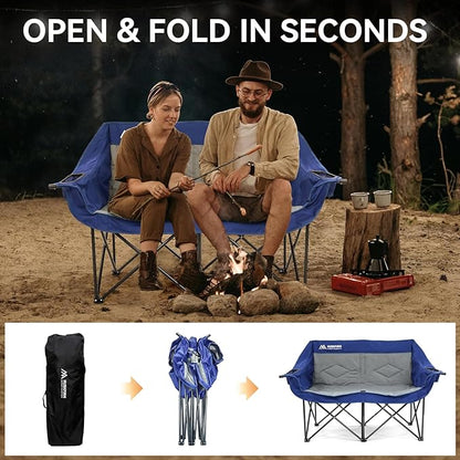Double Camping Chairs Oversized Loveseat - 2 Person Camping Chair Portable Lawn Folding Chair for Outside Adults - Heavy Duty Outdoor Camping Couch with Cup Hold, Blue