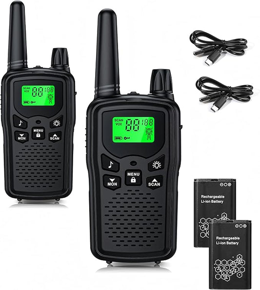 Walkie Talkie Long Range Walkie talkies with Rechargegable for Adults, 22 Channel FRS 2-Way Radios Walky Talky with LED Flashlight for Climbing, Camping Trip and Family Emergency Kit(2 Pack Black).