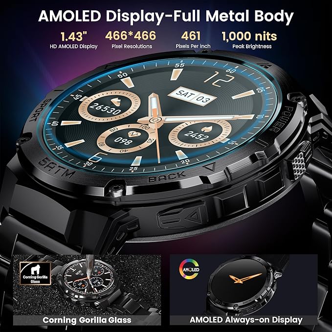 Smart Watches for Men GPS, Pressure,Altitude,Compass, 480mAh Large Battery, 50M Waterproof, Full Metal Body Smartwatch, Bluetooth Calling, 24/7 Health Monitoring, for Android & iOS(2 Bands)