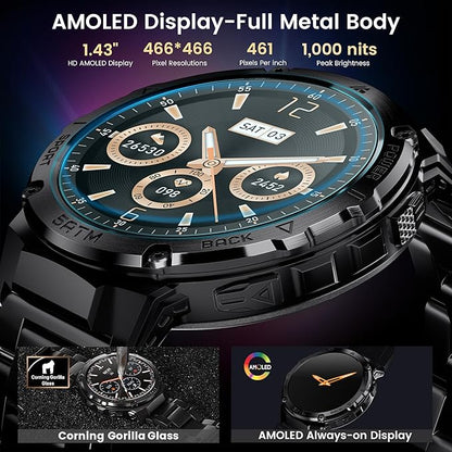 Smart Watches for Men GPS, Pressure,Altitude,Compass, 480mAh Large Battery, 50M Waterproof, Full Metal Body Smartwatch, Bluetooth Calling, 24/7 Health Monitoring, for Android & iOS(2 Bands)