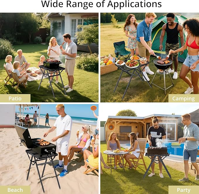 2ft Sturdy Folding Grill Table, Supports 180 Lbs, 2 Adjustable Height 28” Portable Grill Table, Heat-Resistant Tabletop, Folding Metal Table for Camping BBQ Cooking Backyard, 24" X 16", Black