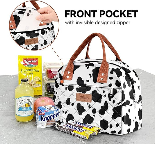 HOMESPON Insulated Lunch Bag for Women Men Adults Lunch Tote with Front Pocket Lunch Box Container Cooler Bag for Work Picnic (Cow Print)
