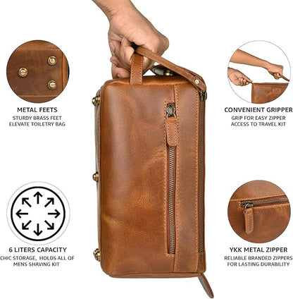 LEATHER VILLAGE Premium Leather Travel Toiletry Bag - Unisex Water-Resistant Travel Dopp Kit, Shaving & Cosmetic Organizer for Men & Women - Compact Bathroom Essentials - Camel Brown