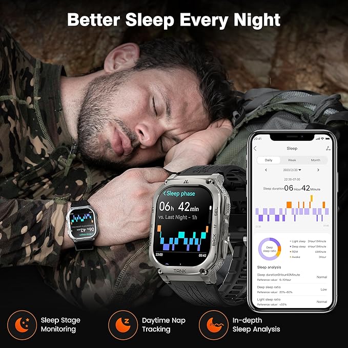 AMAZTIM Smart Watch, 60 Days Extra-Long Battery, 5ATM Waterproof Swimming Diving, Full Metal Military Grade, Answer/Make Call, 2" AMOLED Display, Health Monitor Compatible for iPhone and Android