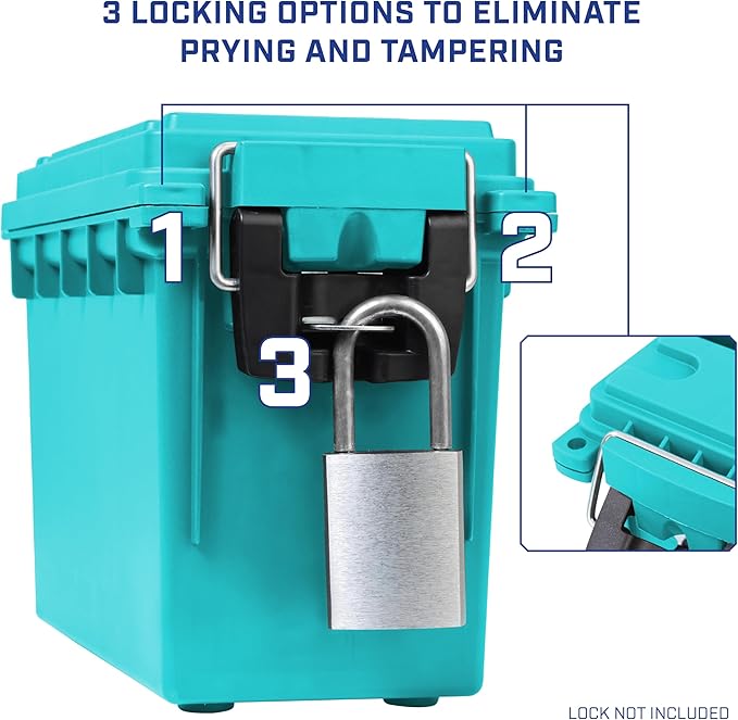 Sheffield 12633 Ammo Storage Box, Stackable .30 Cal Field Boxes, Water and Dust Resistant, Lockable Storage Box with Handle, Secures Hunting Gear, Supplies, and Bullets, Made in USA, Teal, 1-Pack