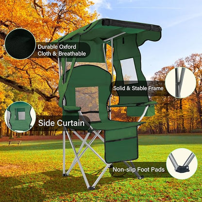 PLKO Camping Chairs with Canopy, Portable Quad Lawn Chair for Adults, Folding Recliner Chair with Cup Holder Outdoor Events and Shade- Support 330 LBS